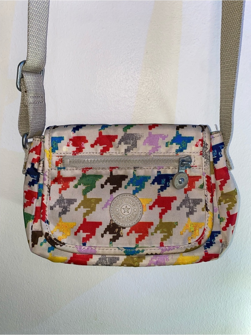 Kipling Multicolor Houndstooth Crossbody with Beige Strap